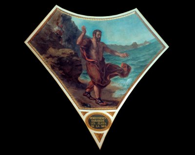 Kreikkalainen poliittinen puhuja Demosthene kohotti meren aaltoja kovettuakseen Ateenan kansan kokousten hälinää ja hälinää. tekijältä Ferdinand Victor Eugene Delacroix