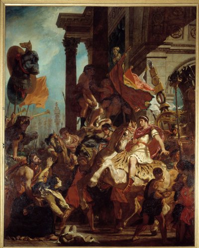 Trajanuksen tuomari Leski, jonka poika tapettiin, hakee oikeutta keisari Trajanuselta (Marcus Ulpius Trajanus, 53-117), joka lähtee sotaan. Kuvitus kiirastulesta Dante Alighierin (1265-1321) teoksessa "" La Divina Commedia" (Divine Comeide) Eugin maalaus tekijältä Ferdinand Victor Eugene Delacroix