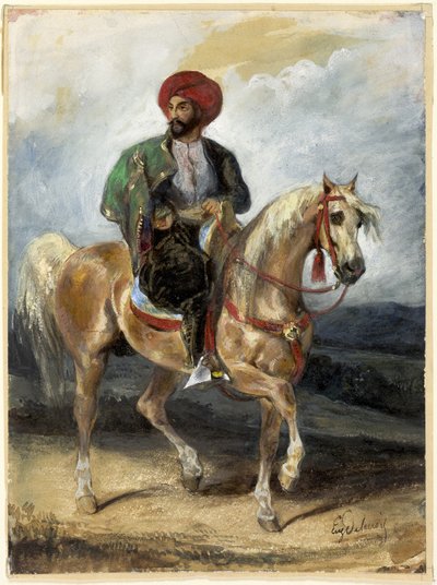 Turkkilainen ratsastaja, noin 1834 (guassi ja akvarelli paperille). tekijältä Ferdinand Victor Eugene Delacroix