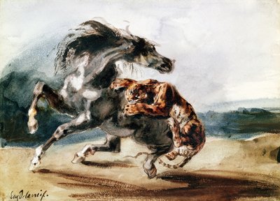 Tiikeri hyökkää villihevosta vastaan (kynä ja muste ja akvarelli paperille) tekijältä Ferdinand Victor Eugene Delacroix