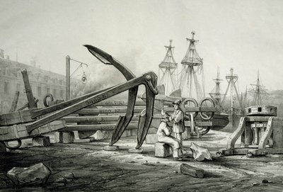 Ankkurit laivaston telakalla, Ferdinand Perrot, litografia tekijältä Ferdinand Victor Perrot