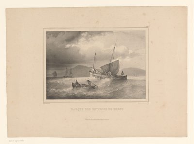 Kiertynyt brigi korkeiden aaltojen välissä Brick a la côte (otsikko esineessä) Naval Studies, Ferdinand Victor Perrot (sarjan nimi) tekijältä Ferdinand Victor Perrot