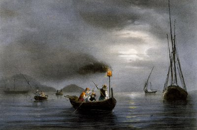 Yökalastus kalalampulla, Ferdinand Perrotin värillinen litografia (1808-1841) tekijältä Ferdinand Victor Perrot