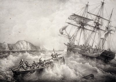 Bretonin kalastusaluksen miehistön pelastus ruotsalaisella Le Neptune -aluksella, Litografia Ferdinand Perrot tekijältä Ferdinand Victor Perrot