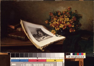 Natura morta amb litografia. Pintura de Ferdinand Wagner (1819-1881). Oli sobre tela, 48 x 86,5 cm. Art alemany del segle XIX. Museu Estatal d