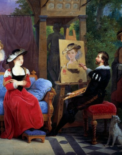 Rubens maalatessaan olkihattua studiossaan, yksityiskohta numerosta 2581014 tekijältä Ferdinand de Braekeleer