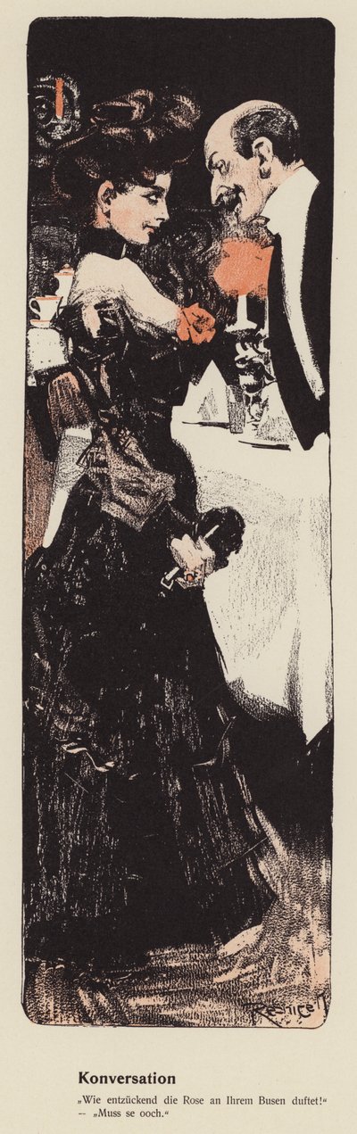 Mies juttelee nuoren naisen kanssa (väri litho) tekijältä Ferdinand von Reznicek