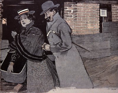 Mies ahdistelee nuorta naista. F. Von Reznicekin kuvitus julkaisussa Simplicissimus, Saksa tekijältä Ferdinand von Reznicek