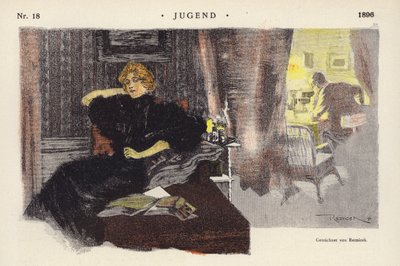 Nainen kotona illalla (väri litho) tekijältä Ferdinand von Reznicek