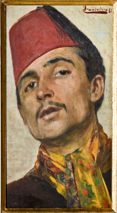 Mies päällään fez (öljyä aluksella) tekijältä Ferdinando Cavicchioli