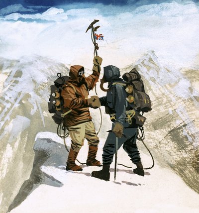 Hillary ja Tensing saavuttavat Mount Everestin huipun. tekijältä Ferdinando Tacconi