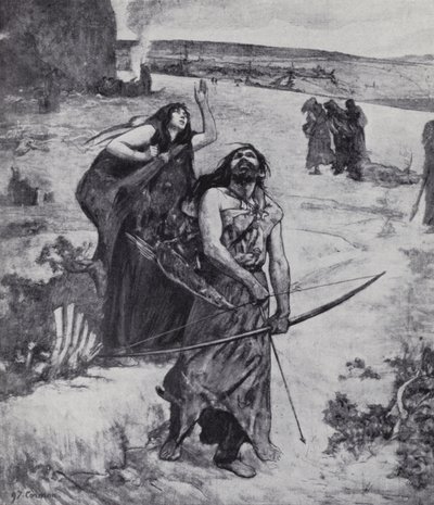 Jääkauden mies oppii metsästämään jousella ja nuolella (litho) tekijältä Fernand (after) Cormon