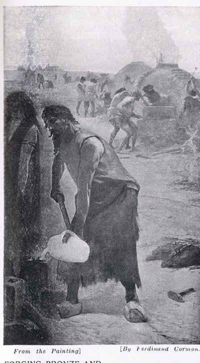 Pronssin ja raudan taonta, kuvitus "Hutchinsonin kansojen historiasta", n. 1910 tekijältä Fernand Cormon