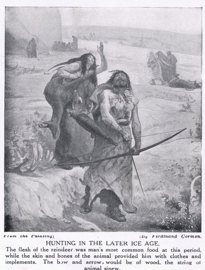 Metsästystä myöhemmällä jääkaudella, kuvitus "Hutchinsonin kansojen historiasta", n. 1910 tekijältä Fernand Cormon