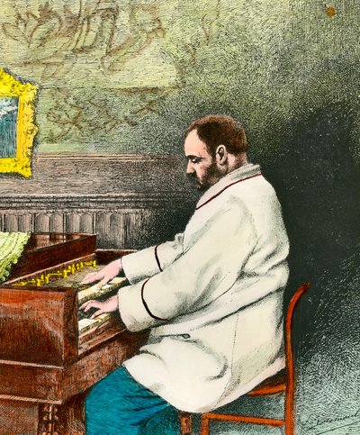Muotokuva Emile Zolasta (1840-1902), joka soittaa urkuja. Desmoulinin kaiverrus (1800-luku). Coll. Mene ulos. tekijältä Fernand Desmoulin