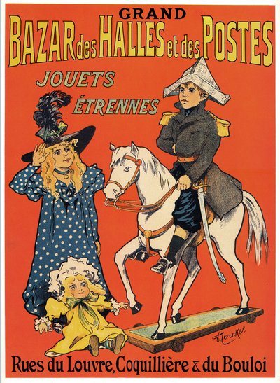 Mainosjuliste Grand Bazaar des Halles et des Posts: Lelu- ja pelikauppa (Pieni puinen Napoleon, noita ja nukke) Kuvitus Fernand Fernel (Cerckel) (1872-1934) 1899 1899 tekijältä Fernand Fernel