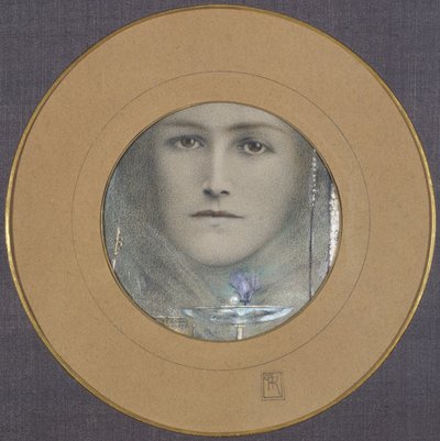 Ruskeat silmät ja sininen kukka tekijältä Fernand Khnopff