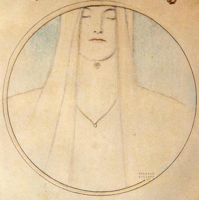 Naisen pää (pastelli paperille) tekijältä Fernand Khnopff