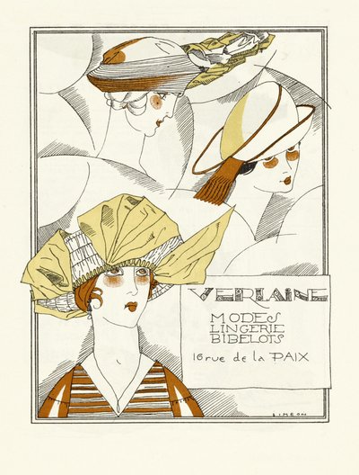 Mainos Verlaine, Modes, Lingerie, Bibelots, pub. 1914 (pochoir-painatus) tekijältä Fernand Siméon