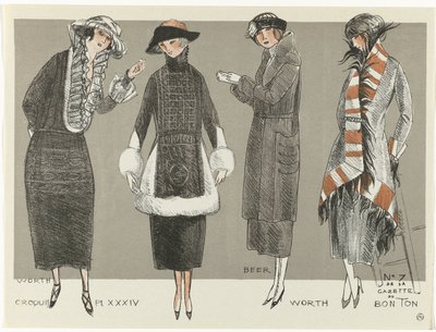 Gazette du Bon Ton, 1920 - nro 7, Croquis Pl XXXIV: Worth / Beer / Worth (otsikko esineessä) tekijältä Fernand Siméon