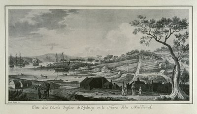 MALASPINA, Alejandro (1754-1809). Italialais-espanjalainen merenkulkija ja tutkimusmatkailija; BRAMBILA, Fernando (1763-1834). Taidemaalari. Australia (18. vuosisata). Uuden Etelä-Walesin englantilainen siirtokunta. Fernando Brambilan piirros, joka kuvaa A tekijältä Fernando Brambila