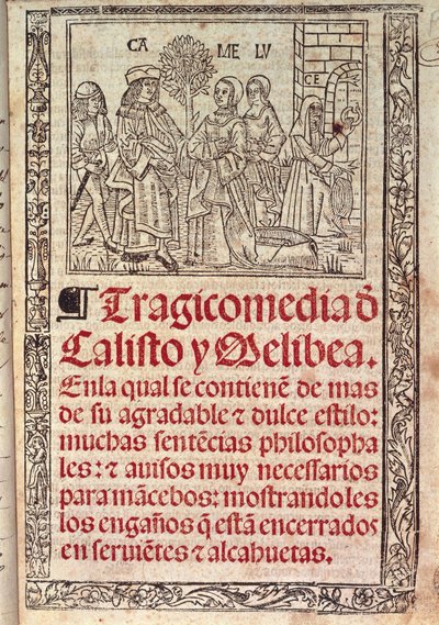 Miniatyyri pergamentille The Celestinan tai Calliston ja Melibean tragikomedian kannessa, julkaistu v. tekijältä Fernando de Rojas
