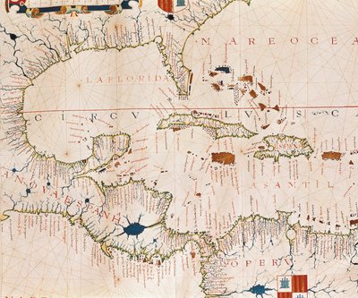 Portulan: maantieteellinen kartta, jossa on Kuuban, Floridan, Keski-Amerikan ja Pohjois-Latinalaisen Amerikan rannikon nimi, Fernao Vaz Douradon hydrografinen atlas (1500-luku) tekijältä Fernao Vaz Dourado