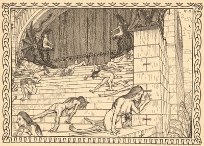 Ennen Tekojen temppeliä, levy 7, portfoliosta "Lebenszeichen", pub. 1908 Berliinissä, kirjoittanut Fritz Heyder Verlag tekijältä Fidus (1868 1948)