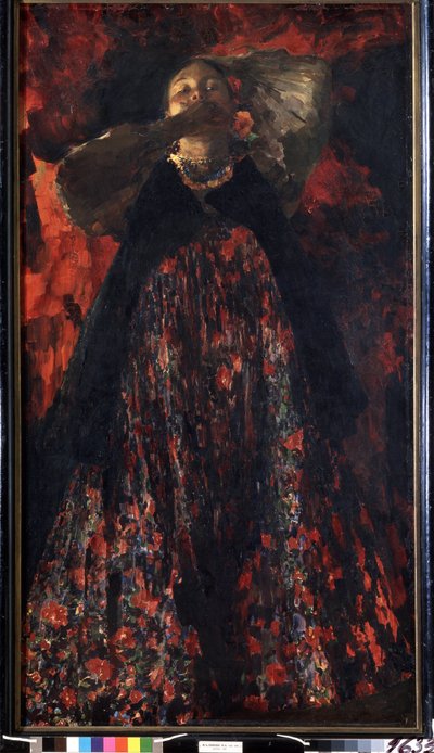 Tyttö (A Girl). Talonpoikanainen perinteisissä asuissa. Filipp Andreevich Maliavin (Maliavine) (tai Andrejevitš Maljavin) (1869-1940) maalaus, öljy kankaalle tekijältä Filipp Andreevich Maliavin