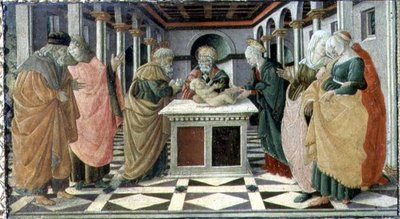 Esitys temppelissä, Museo Civicon alttaritaulun syntymäkuvauksen predella-taulu. tekijältä Filippino (and workshop) Lippi