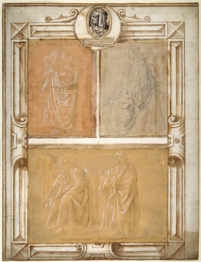 Tutkimuksia päällystetyistä hahmoista (hopeapiste korotettu valkoisella vartalovärillä valmispaperille) tekijältä Filippino (follower of) Lippi