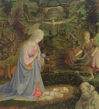 Lapsen palvominen, Johannes ja Romuald (tempera paneelille). tekijältä Filippino Lippi