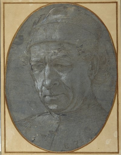 Ikääntyneen miehen pää, jolla on lippalakki (metallikärki siniharmaalla valmispaperilla) tekijältä Filippino Lippi