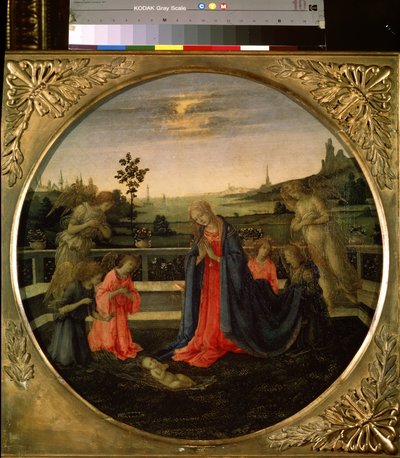 Kristus-lapsen palvonta. Jeesus Kristus lapsi, jota Neitsyt Maria ja enkelit palvoivat. Filippino Lipin (1457-1504) maalaus, noin 1480. Tempera kuparille. Firenzen taide, renessanssikausi. Hermitage Museum, Saint Pet tekijältä Filippino Lippi