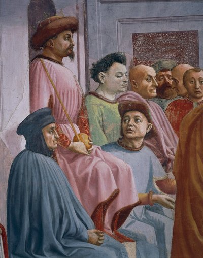 Theofiluksen ihme, yksityiskohta teoksesta Theofiluksen pojan herättäminen, Tommaso Masaccio, fresko tekijältä Filippino Lippi