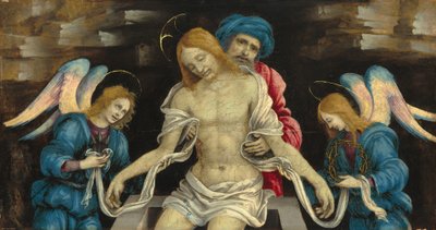 Pietà Nikodeemuksen ja kahden enkelin surema kuollut Kristus, n. 1500. tekijältä Filippino Lippi