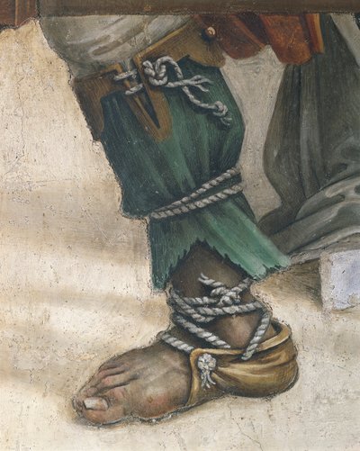 Pyhän Johanneksen evankelista elvyttämässä Drusianaa, Filippino Lippi, yksityiskohta jalkineista, fresko tekijältä Filippino Lippi