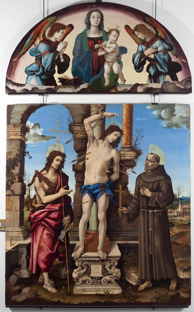 Saint Sebastian ympäröimänä Pyhä Johannes Kastaja ja Pyhä Francois Assisilainen keskuspaneeli. Up Virginilla on lapsi. Filippo Lipin (1451-1504) maalaus puulle Dim. 298x185 cm Musei di Strada Nuova (ex Palazzo Bianco), Genes tekijältä Filippino Lippi