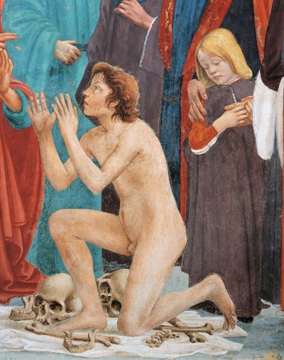 Son of Theophilus, yksityiskohta teoksesta Theofiluksen pojan herättäminen, Tommaso Masaccio, fresko tekijältä Filippino Lippi