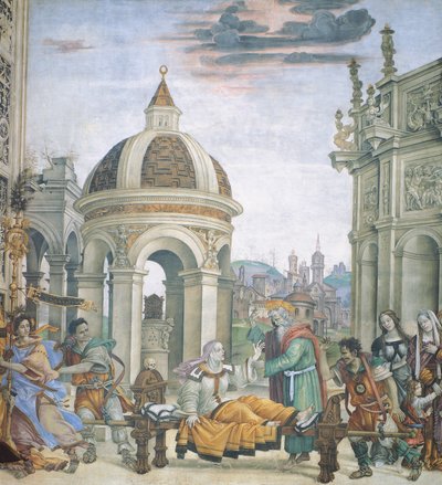 Pyhän Johanneksen evankelista elvyttämässä Drusianaa, yksityiskohta evankelista Pyhästä Johanneksesta, Filippino Lipin (1457-1504), fresko, Santa Maria Novellan basilika, Strozzi-kappeli, Firenze tekijältä Filippino Lippi