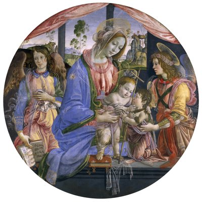 Madonna ja lapsi, Johanneksen vauva ja kaksi enkeliä, 1480-luvun puoliväli (tempera paneelissa) tekijältä Filippino Lippi