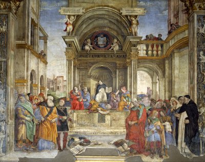 Pyhän Tuomas Akvinolaisen voitto harhaoppisista (fresko) tekijältä Filippino Lippi