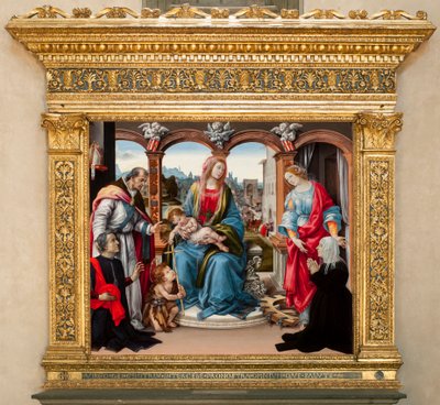 Neitsyt lapsen kanssa ja pyhä Johannes Kastaja, pyhä Martin ja pyhä Katariina Aleksandrialainen. Nerli alttaritaulu (tempera paneelissa tekijältä Filippino Lippi