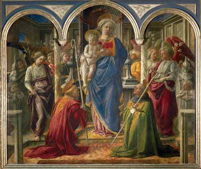 Madonna ja lapsi enkeleiden kanssa sekä pyhimykset Frediano ja Augustinus, nimeltään "Pala Barbadori" ... tekijältä Filippo (workshop of) Lippi