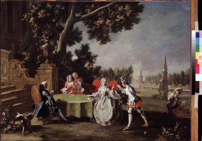 ""Korttijuhlat"" Ryhmä italialaisia ​​aatelisia, jotka pelaavat korttia puutarhassa. Filippo Falciatoren (1718-1768) maalaus 1700-luvun Pushkin-museo, Moskova tekijältä Filippo Falciatore