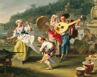 Tarantella in Mergellina, n. 1750, kirjoittanut Filippo Falciatore (toiminut 1737-1768), öljy kankaalle, 76,2x102 cm, Detail, Italia tekijältä Filippo Falciatore