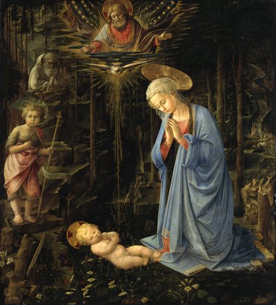 Neitsyt palvoo lasta / Palvonta metsässä, Pyhä perhe ja nuori Johannes. tekijältä Filippo Lippi