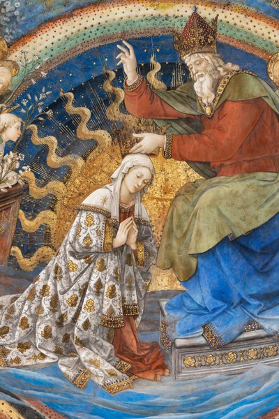 Neitsyt Maria ja Jumala, yksityiskohta Marian kruunauksesta tekijältä Filippo Lippi