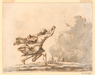 Piirros, Nuori mies juoksee kohti tulta, 1700-luvun puoliväli tekijältä Filippo Marchionni