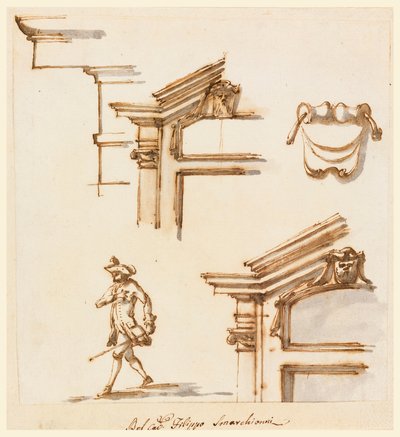 Piirustus, arkkitehtoniset yksityiskohdat ja hahmotutkimus, 1760-75 tekijältä Filippo Marchionni